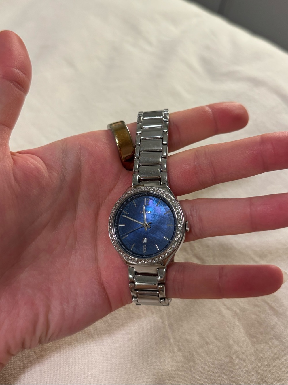 Fossil Silver Bracelet Watch with Blue Dial